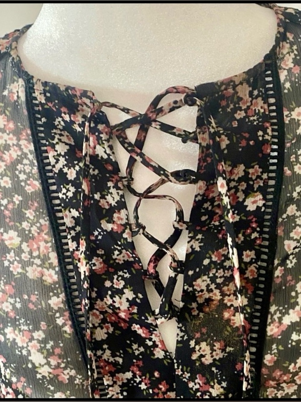 Barneys New York Floral Sheer Blouse XS Lace Up Boho Peasant Top